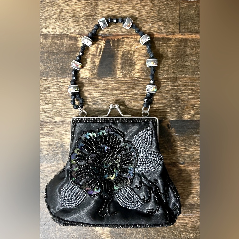 Mini Black Beaded Purse by BIJOUX TERNER Floral Formal Sequins Satin Prom